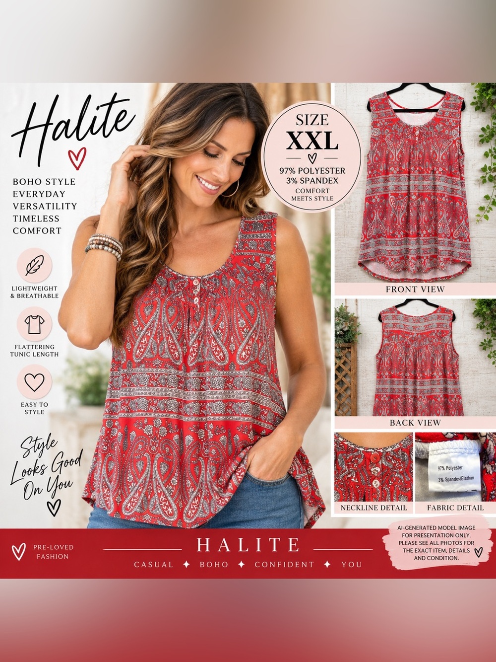 Halite Red Paisley Boho High Low Tunic Tank Top XXL